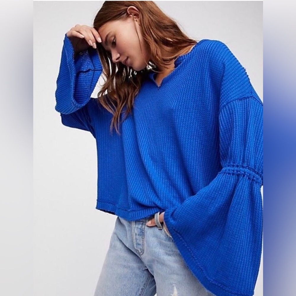 We The Free People Dahlia Thermal Top Bell Long Sleeve Sz S Raw Hem in Sapphire - Picture 1 of 6